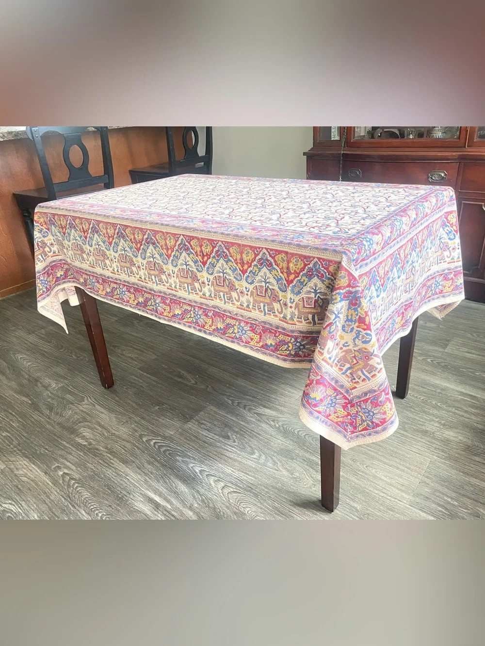Vintage Indian Imports Tablecloth Block Print W Elephants Boho Hippie Chic 52x72